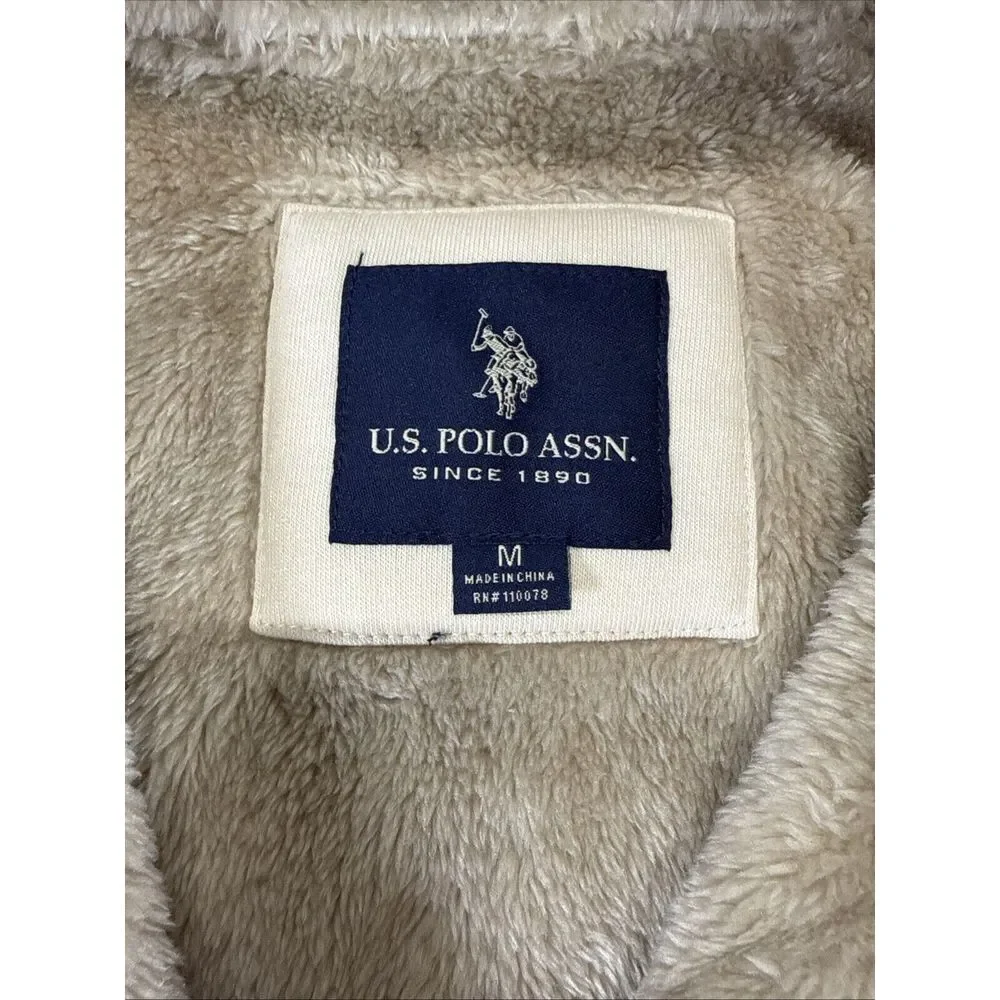 US Polo Assn Sz Medium Oatmeal Colored Sherpa‎ Fur Fleece Hoodie Jacket Pockets